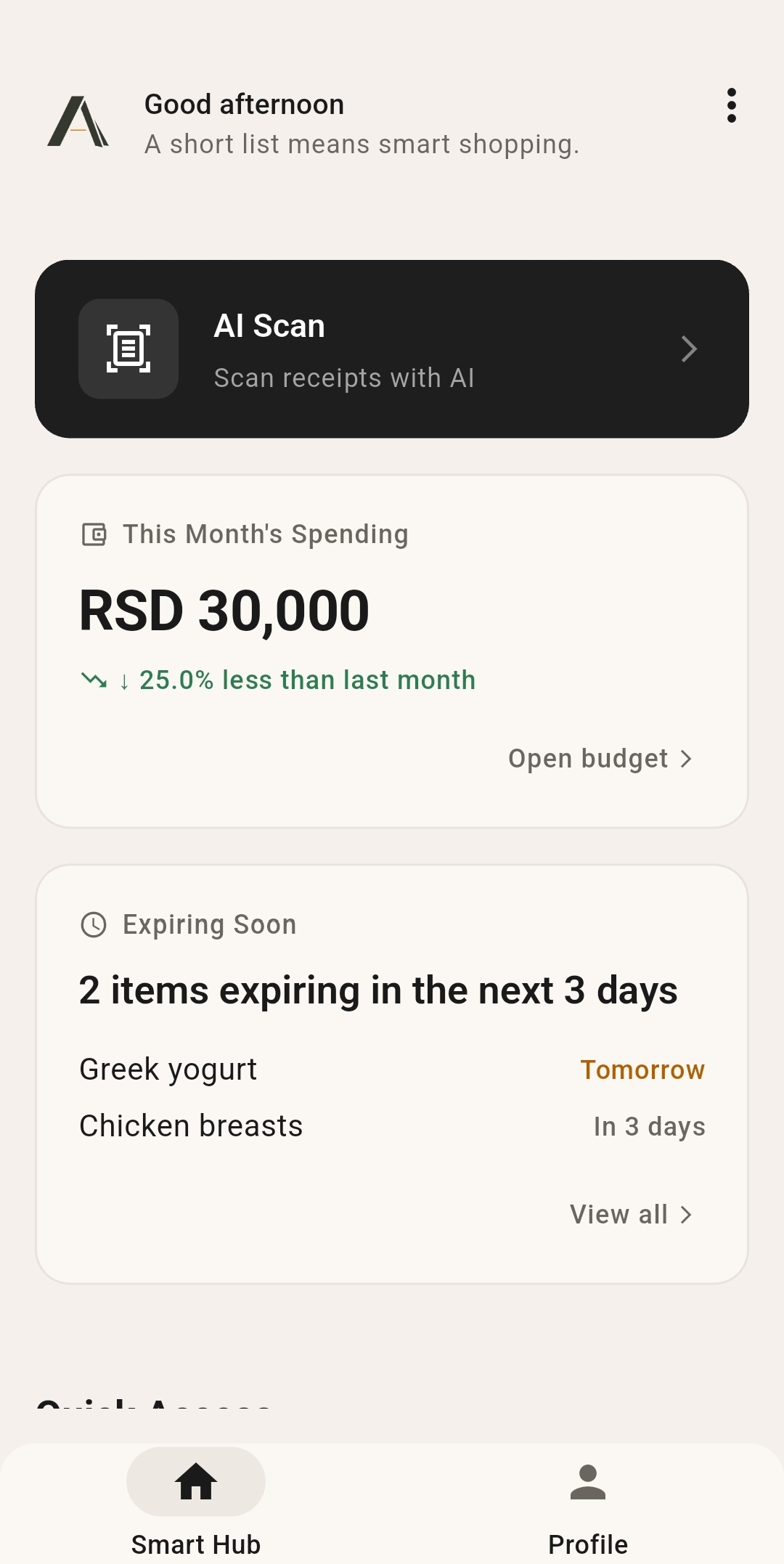 Aruha app dashboard showing receipt scanning, spending, and expiry reminders