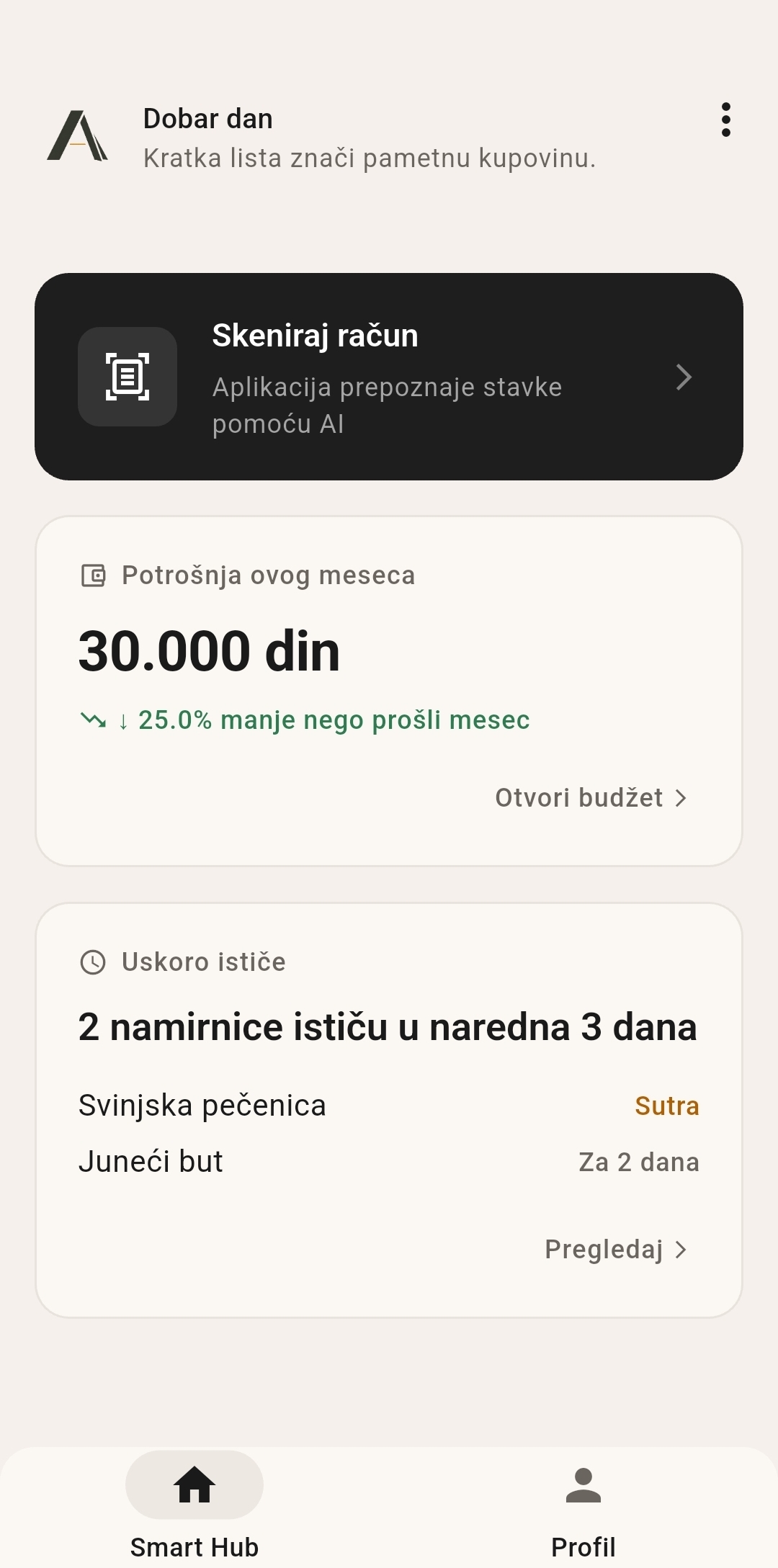 Aruha ekran sa skeniranjem računa, potrošnjom i podsetnicima za rokove